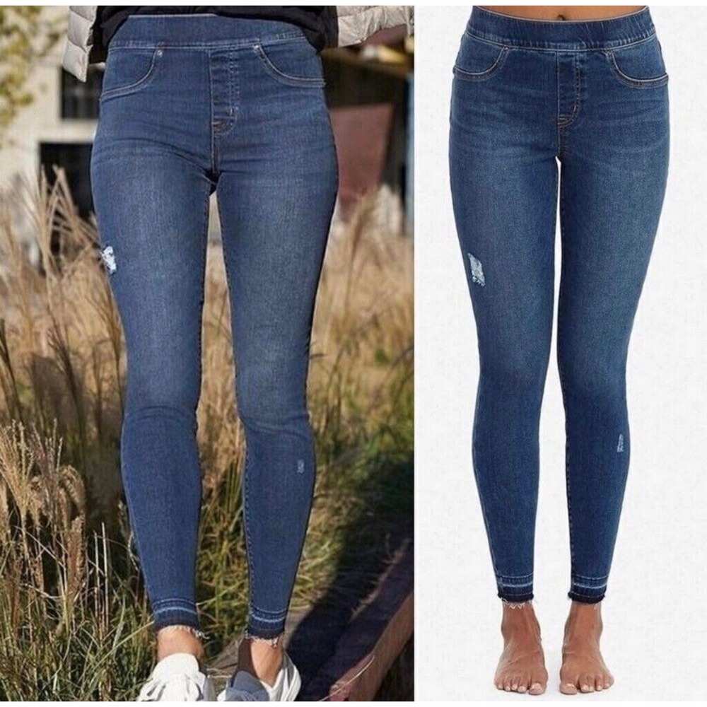 Spanx Distressed Ankle Skinny Jean-ish Leggings Blue Denim 20203R Womens L Large
